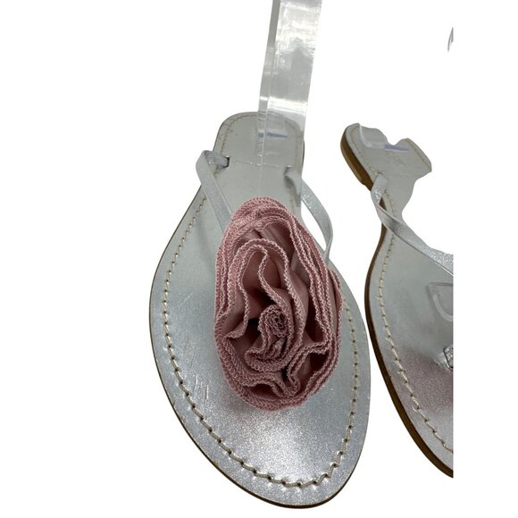 J. Crew Silver Strappy Flat Sandals With Pink Fabric Rose Womens Size 8 - Picture 6 of 12